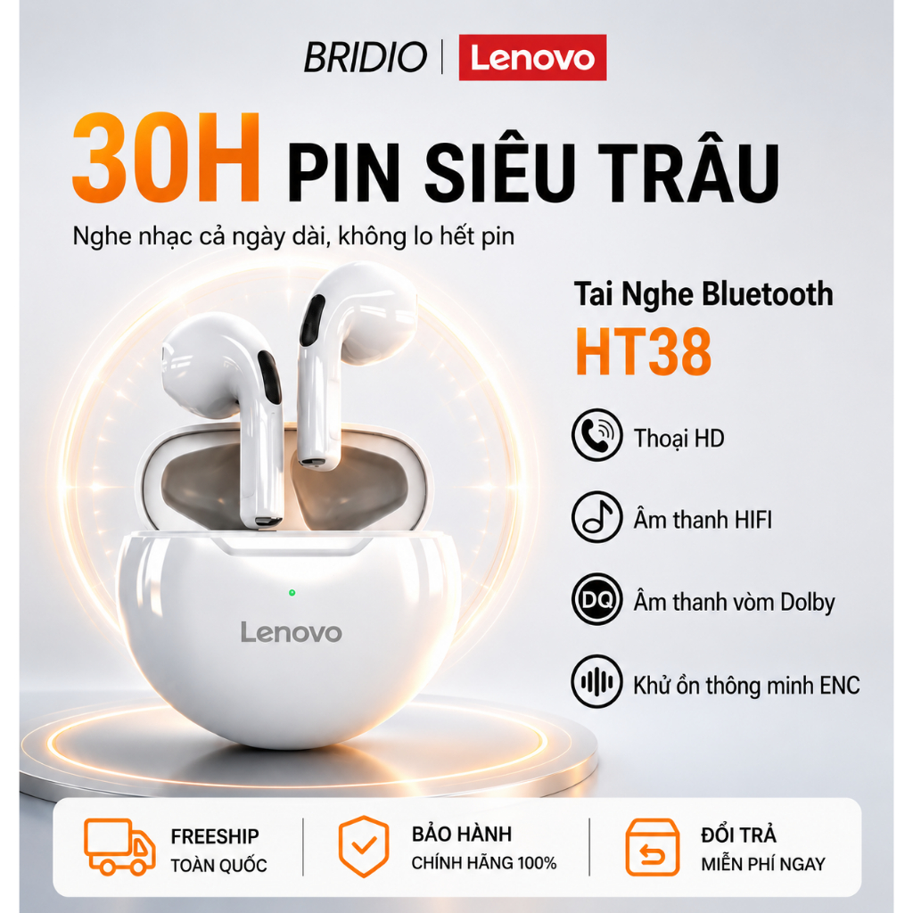 Tai Nghe Bluetooth Lenovo HT38 Chính Hãng - Âm Thanh HIFI Sống Động, Mic Khử Ồn Cuộc Gọi, Pin 15 Giờ, Thiết Kế Gọn Nhẹ