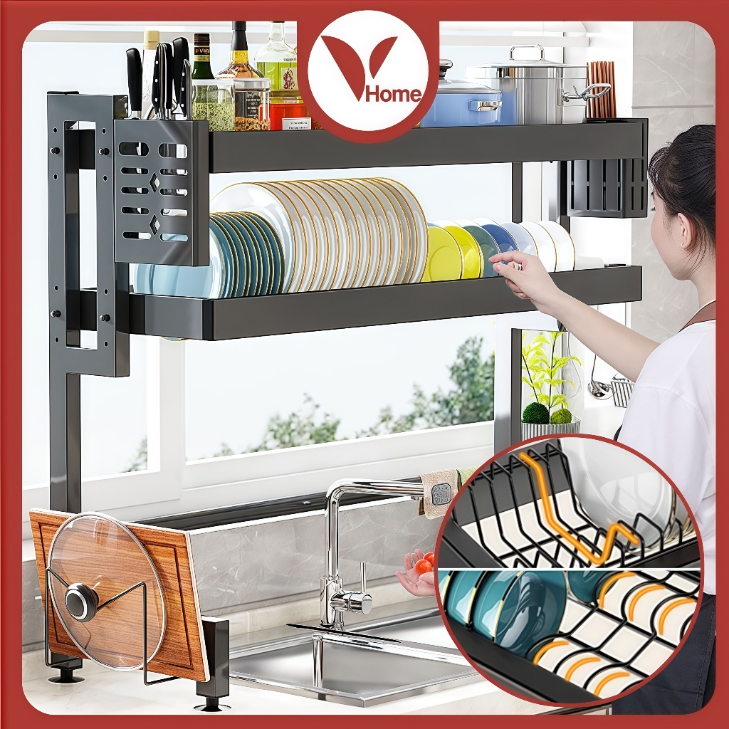 Vhome Giá đựng bát đĩa trên bồn rửa  1 / 2 / 3 lớp , Giá đựng đồ nhà bếp 65-125cm kèm phụ kiện [Thép Carbon chất lượng cao, bền chắc]