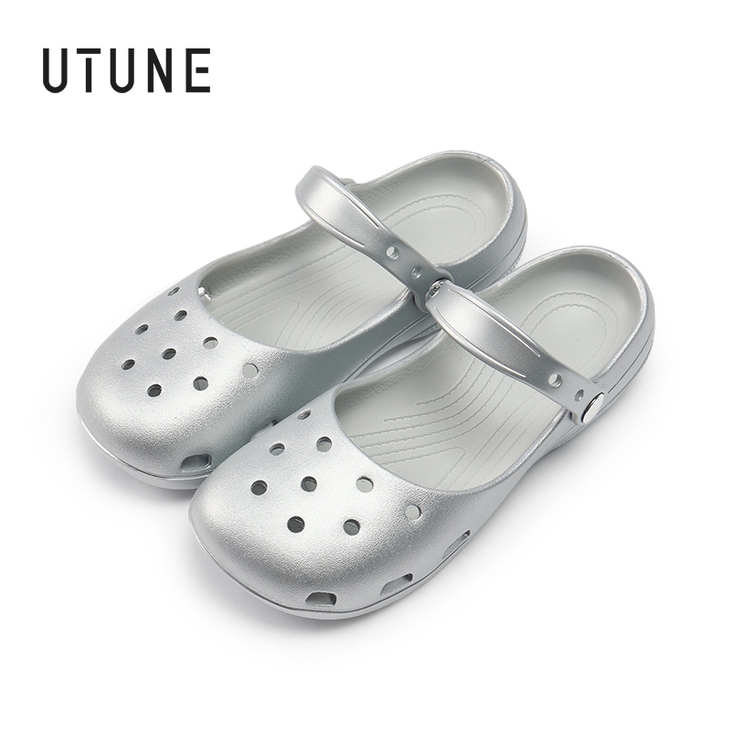 UTUNE Giày Mary Jane Clog Nữ Màu Bạc Dép Bệt Đi Biển Slip-On Êm Ái Chống Trượt EVA Kiểu Giày Ballet Phong Cách Pháp Ngoài Trời