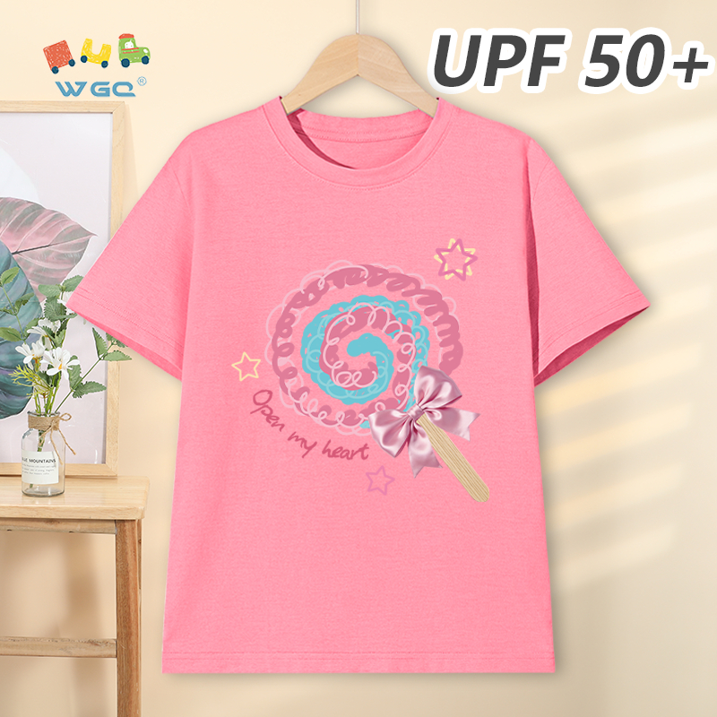 W.G.Q Áo thun bé gái，Phong cách mới mùa hè có in hình Lollipop，có chức năng chống nắng UPF50 +，Thoải mái mát mẻ，hấp thụ mồ hôi thoáng khí