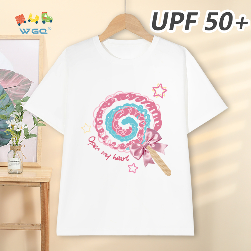 W.G.Q Áo thun bé gái，Phong cách mới mùa hè có in hình Lollipop，có chức năng chống nắng UPF50 +，Thoải mái mát mẻ，hấp thụ mồ hôi thoáng khí