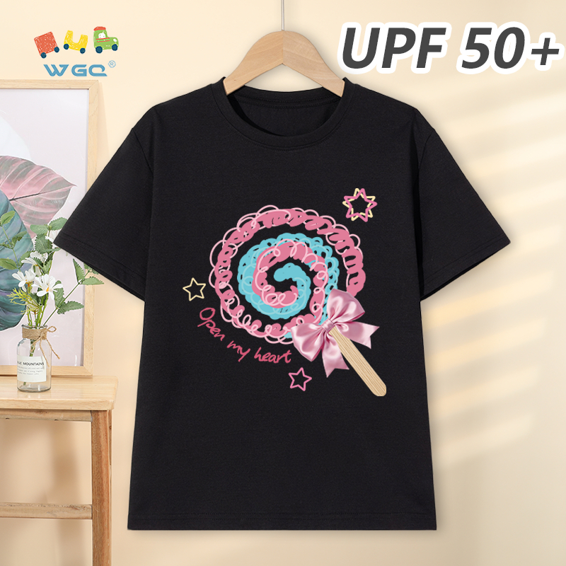 W.G.Q Áo thun bé gái，Phong cách mới mùa hè có in hình Lollipop，có chức năng chống nắng UPF50 +，Thoải mái mát mẻ，hấp thụ mồ hôi thoáng khí