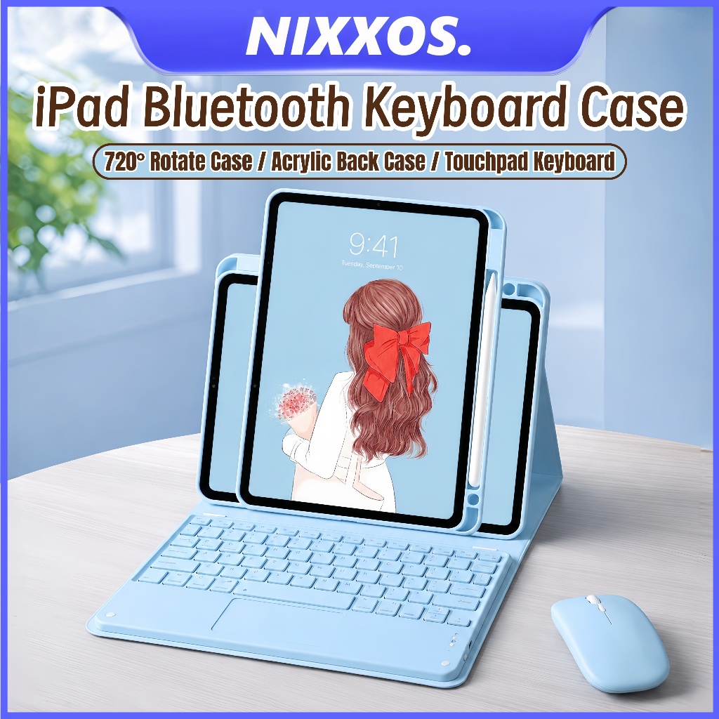 NIXXOS 720° Xoay Bàn Phím Bàn Phím Cảm Ứng Acrylic Dành Cho iPad A16 11 / 10th (11 ") / Air M2 / M3 / M4 (10.9") / Air4 / 5 / Pro (11 ") / 10.2 / 9th / 8th / 7th