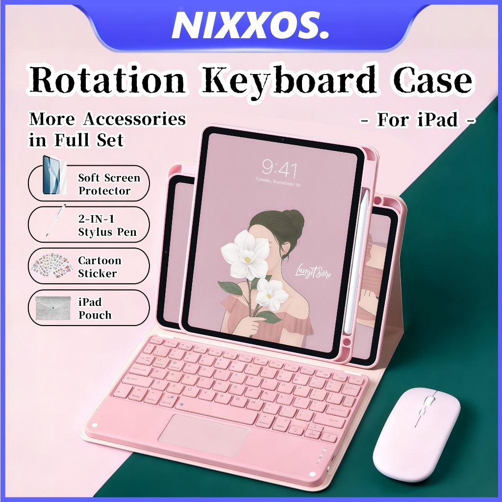 NIXXOS Dành Cho iPad Xoay Bàn Phím Bàn Phím Cảm Ứng Bluetooth Có Khe Cắm Bút Vỏ Acrylic Cho iPad A16 10th Gen Air 11inch M2 M3 Air4 / 5 2020-2022 Pro 11 inch 10.2 iPad