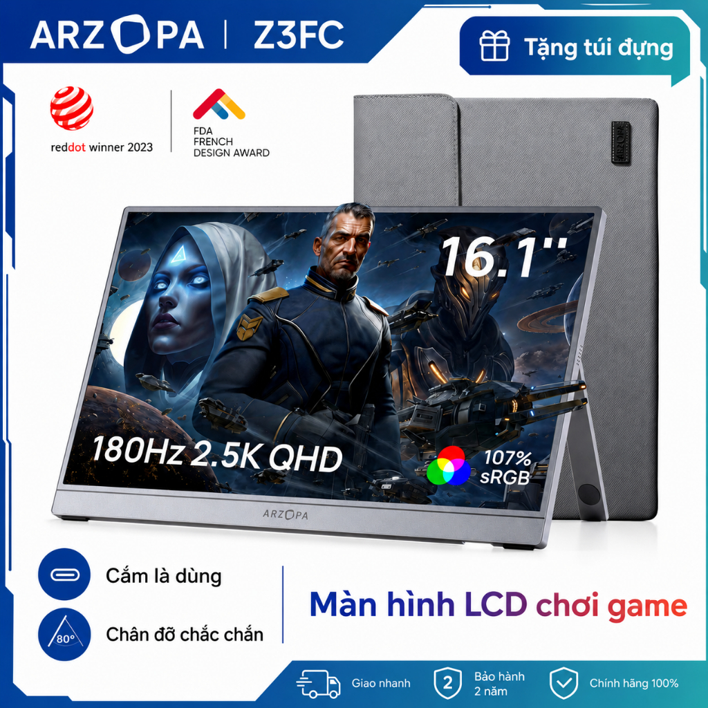 Màn hình di động ARZOPA 16.1 '' 180Hz-Z3FC Xám, Màn hình di động chân đế 2,5K 107% sRGB với HDR, Siêu mỏng, Chăm sóc mắt, Màn hình thứ hai bên ngoài cho máy tính xách tay, PC, PS5, Mac, Xbox
