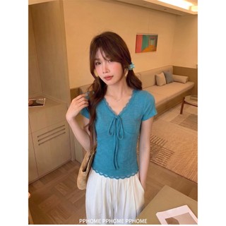 [BANKO] Phiên Bản Hàn Quốc Nữ Mùa Hè Phong Cách Mới Slim-fit Slimer Look Ren Xanh Cổ Chữ V Tay Ngắn