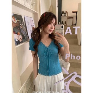 [BANKO] Phiên Bản Hàn Quốc Nữ Mùa Hè Phong Cách Mới Slim-fit Slimer Look Ren Xanh Cổ Chữ V Tay Ngắn