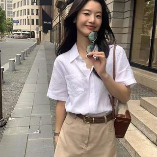 Phong Cách Hồng Kông Sang Trọng Màu Trắng Tinh Khiết Xếp Ly Phong Cách Cơ Bản Áo Sơ Mi Hàng Ngày Nữ Áo Sơ Mi polo Cotton Nguyên Chất Mùa Hè Sang Trọng Thiết Kế Đơn Giản Niche Áo Sơ Mi Tay Ngắn Pháp