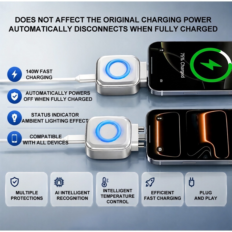 ECILY [Hàng mới về] Bộ tách sạc dừng tự động thông minh 140W Type-C Nhận dạng AI đa năng được sạc đầy đủ Thiết bị cắt tự động Bộ chuyển đổi bảo vệ an toàn sạc USB