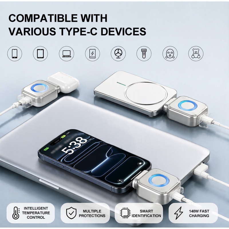 ECILY [Hàng mới về] Bộ tách sạc dừng tự động thông minh 140W Type-C Nhận dạng AI đa năng được sạc đầy đủ Thiết bị cắt tự động Bộ chuyển đổi bảo vệ an toàn sạc USB