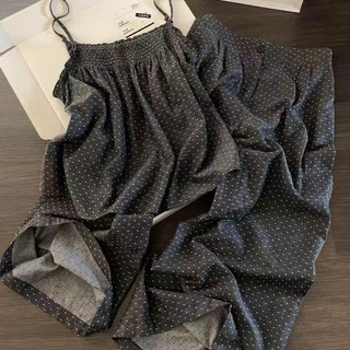 Chấm bi đen có đệm ngực đồ ngủ nữ quần rộng nhà