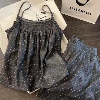 Chấm bi đen có đệm ngực đồ ngủ nữ quần rộng nhà