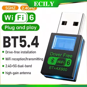 ECILY WiFi 6 AX900 Bluetooth 5.4 Bộ chuyển đổi USB Băng tần kép 2.4G & 5GHz Thẻ mạng không dây Wlan Bộ thu Trình điều khiển Dongle miễn phí cho Win10 / 11