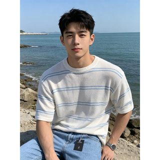 Mỹ Lười Phong Cách Rỗng Đan Áo Thun Nữ Tay Ngắn Nam Thời Trang Mùa Hè Màu Sắc Tương Phản Sọc Mỏng Phong Cách Tất Cả-