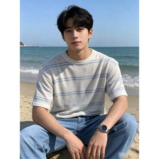 Mỹ Lười Phong Cách Rỗng Đan Áo Thun Nữ Tay Ngắn Nam Thời Trang Mùa Hè Màu Sắc Tương Phản Sọc Mỏng Phong Cách Tất Cả-