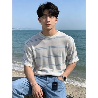 Mỹ Lười Phong Cách Rỗng Đan Áo Thun Nữ Tay Ngắn Nam Thời Trang Mùa Hè Màu Sắc Tương Phản Sọc Mỏng Phong Cách Tất Cả-