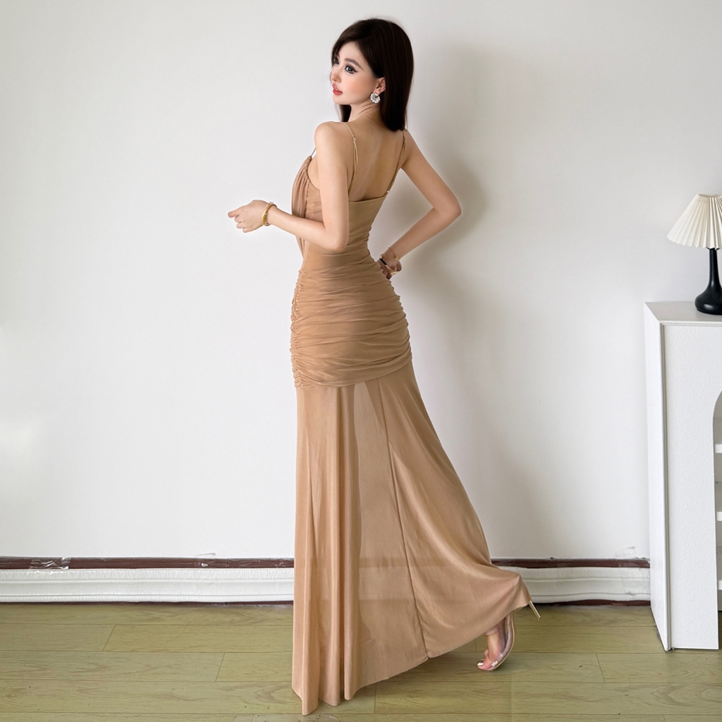 Klalien Gợi Cảm Lưới Mỏng Nhìn Xuyên Qua Váy Maxi Ruched Hông Kẹp Nhìn Ôm Hơn Nữ Mùa Hè Cay Cô Gái Phong Cách