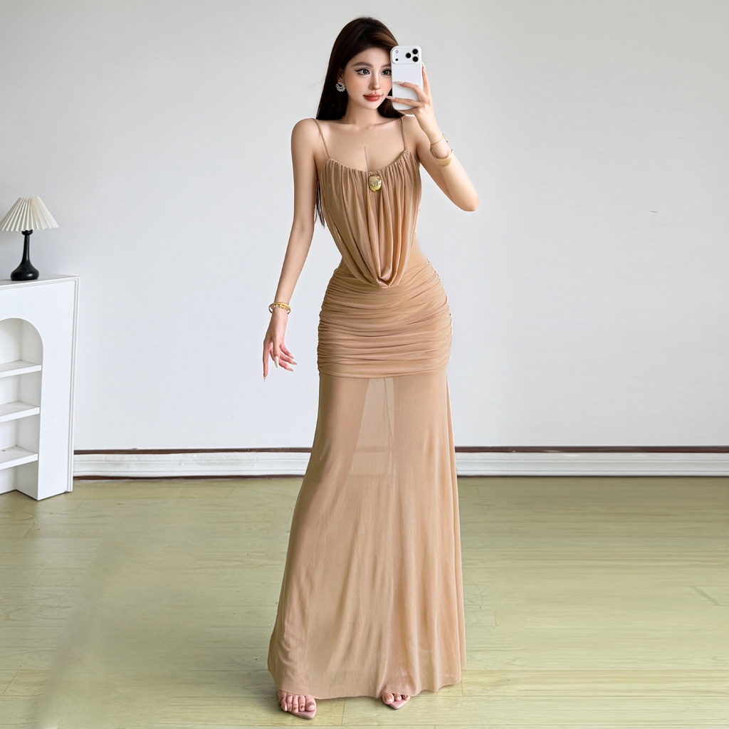 Klalien Gợi Cảm Lưới Mỏng Nhìn Xuyên Qua Váy Maxi Ruched Hông Kẹp Nhìn Ôm Hơn Nữ Mùa Hè Cay Cô Gái Phong Cách