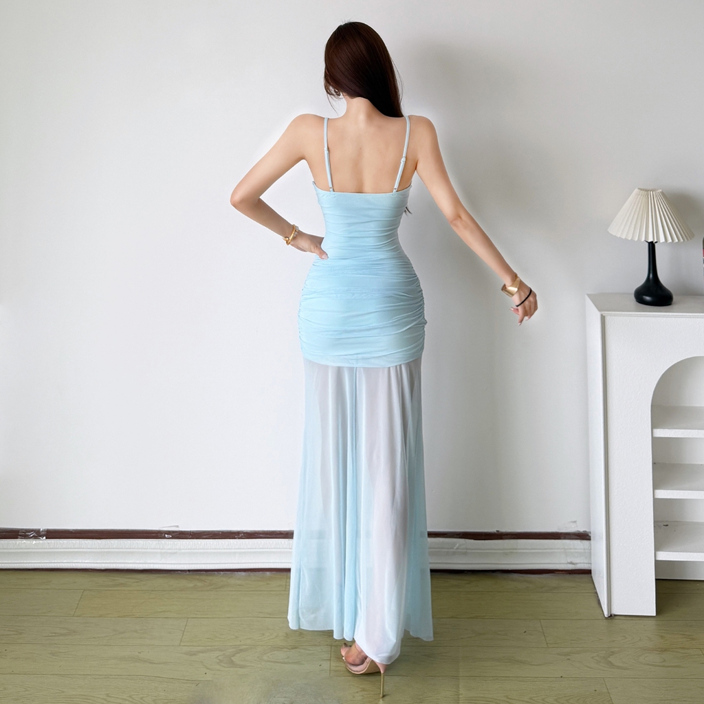 Klalien Gợi Cảm Lưới Mỏng Nhìn Xuyên Qua Váy Maxi Ruched Hông Kẹp Nhìn Ôm Hơn Nữ Mùa Hè Cay Cô Gái Phong Cách