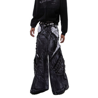 Quần jean loe rộng nam wash đen phối vải xám tua rua đinh kim loại phong cách y2k streetwear