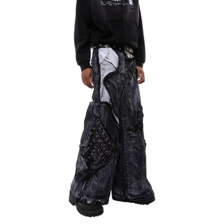 Quần jean loe rộng nam wash đen phối vải xám tua rua đinh kim loại phong cách y2k streetwear