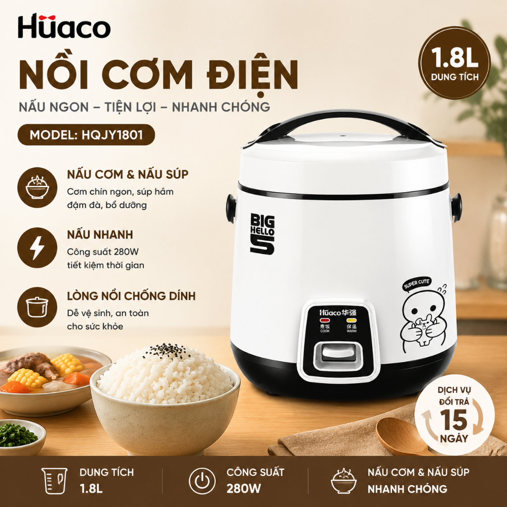 Nồi cơm điện Huaco Dung tích 1.8L (nấu cơm 0.8L) ,HQJY1801, 280W, Lớp lót chống dính, Bảo quản nhiệt tự động,