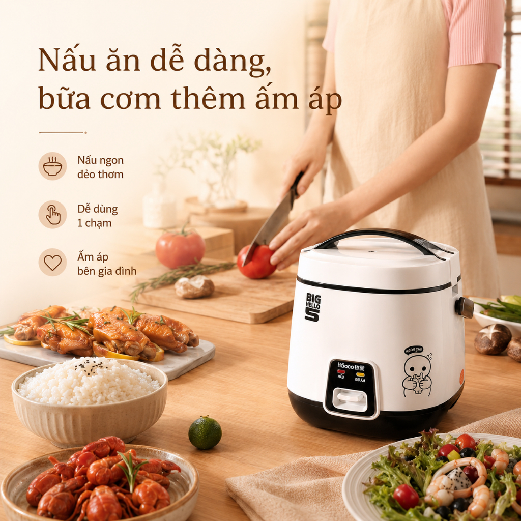 Nồi cơm điện Huaco Dung tích 1.8L (nấu cơm 0.8L) ,HQJY1801, 280W, Lớp lót chống dính, Bảo quản nhiệt tự động,