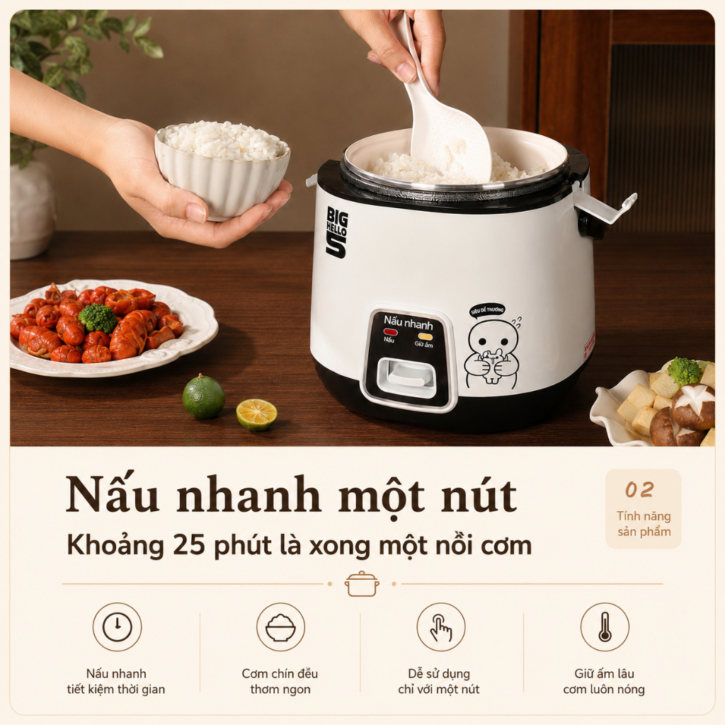 Nồi cơm điện Huaco Dung tích 1.8L (nấu cơm 0.8L) ,HQJY1801, 280W, Lớp lót chống dính, Bảo quản nhiệt tự động,