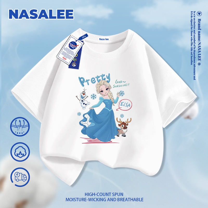 [Giao hàng trong ngày] NASA Hợp thời trang Phong cách mới Cotton nguyên chất cho trẻ em Tay ngắn thoải mái Công chúa Elsa thân thiện với da