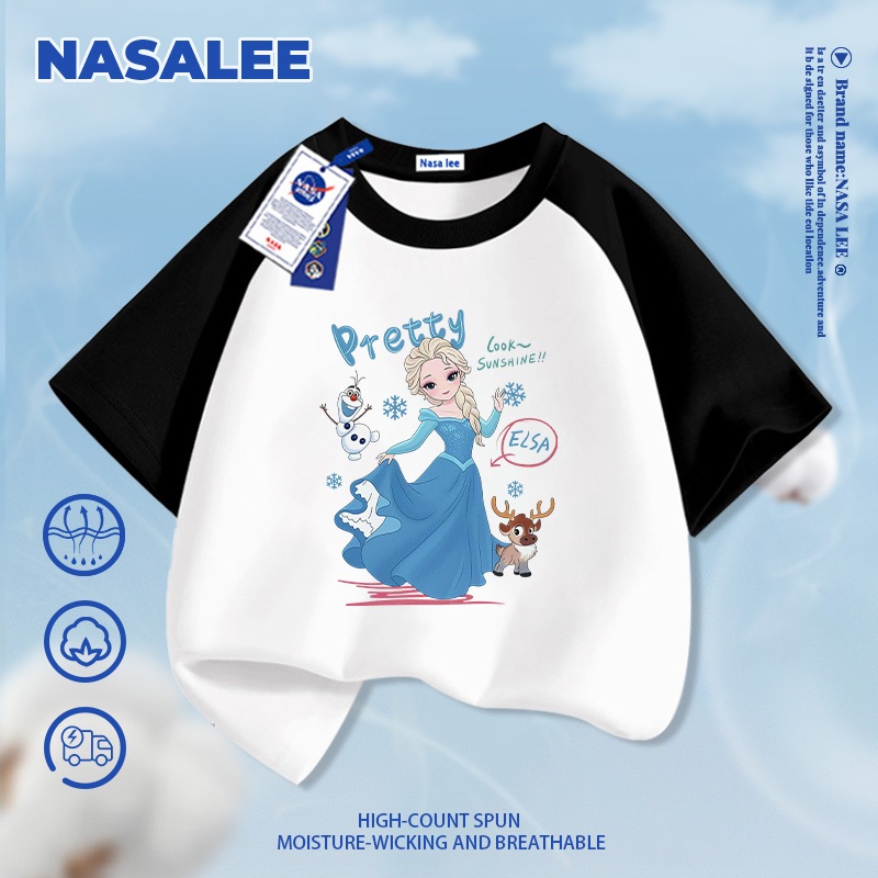 [Giao hàng trong ngày] NASA Hợp thời trang Phong cách mới Cotton nguyên chất cho trẻ em Tay ngắn thoải mái Công chúa Elsa thân thiện với da