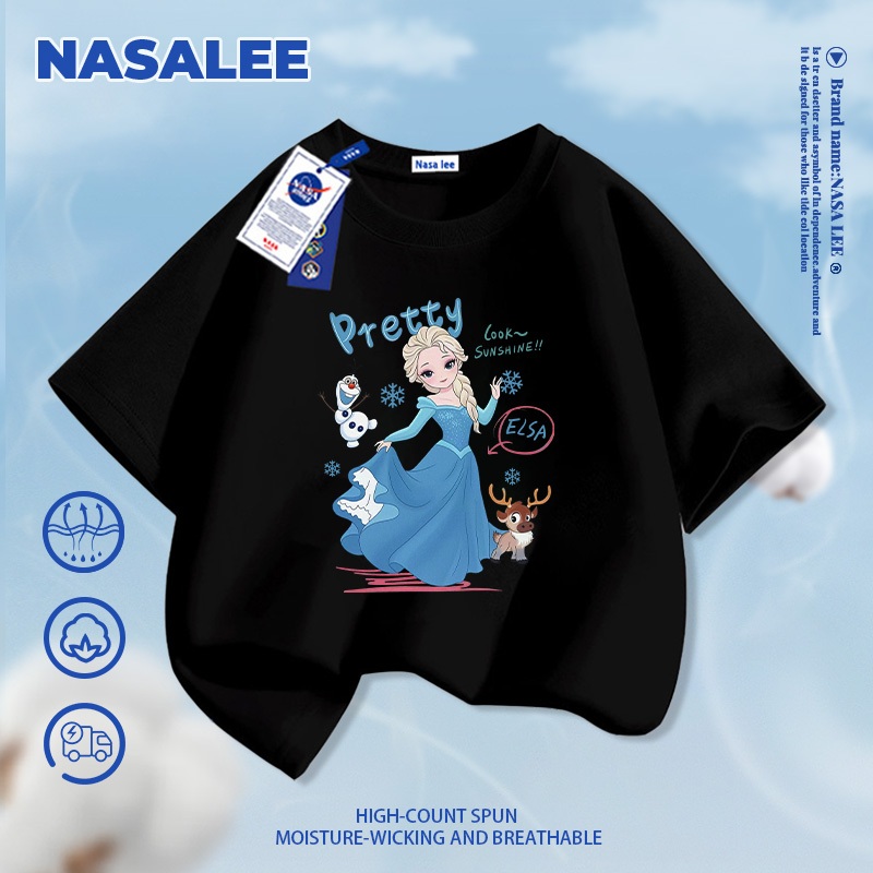 [Giao hàng trong ngày] NASA Hợp thời trang Phong cách mới Cotton nguyên chất cho trẻ em Tay ngắn thoải mái Công chúa Elsa thân thiện với da