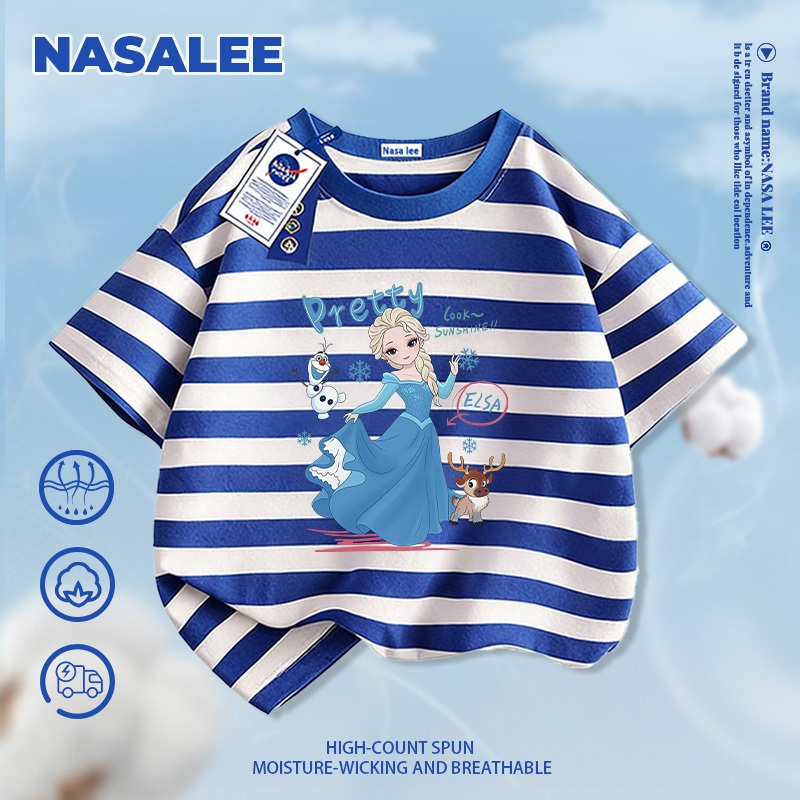 [Giao hàng trong ngày] NASA Hợp thời trang Phong cách mới Cotton nguyên chất cho trẻ em Tay ngắn thoải mái Công chúa Elsa thân thiện với da