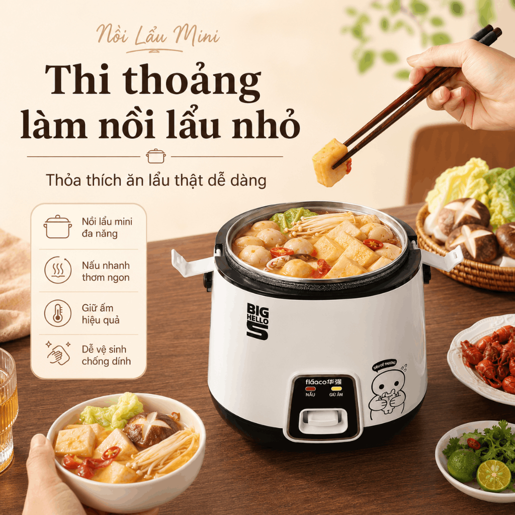 Nồi cơm điện Huaco Dung tích 1.8L (nấu cơm 0.8L) ,HQJY1801, 280W, Lớp lót chống dính, Bảo quản nhiệt tự động,