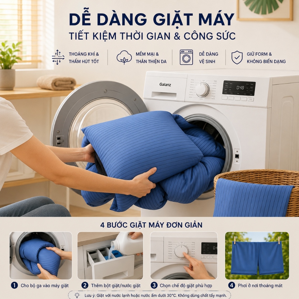 Bộ chăn ga gối sọc xanh 4 trong 1, siêu mềm & thoáng khí