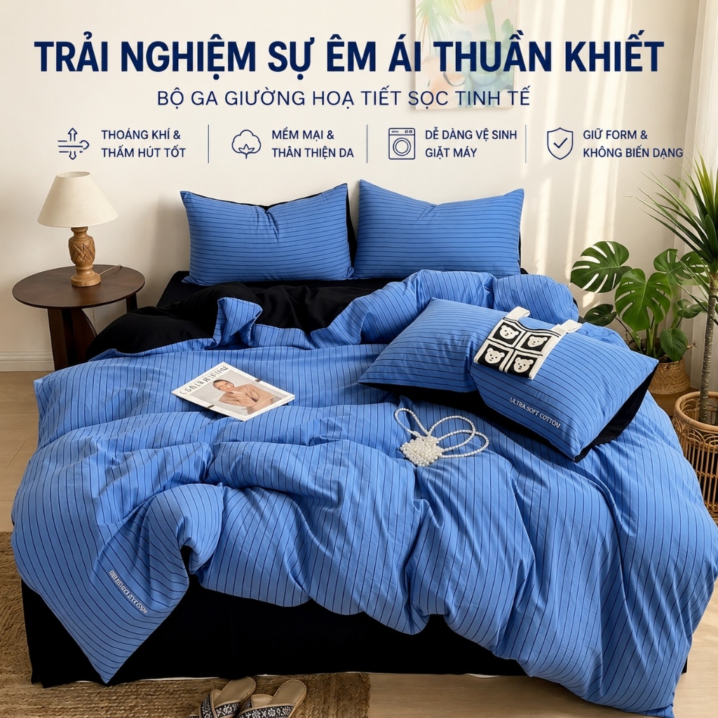 Bộ chăn ga gối sọc xanh 4 trong 1, siêu mềm & thoáng khí