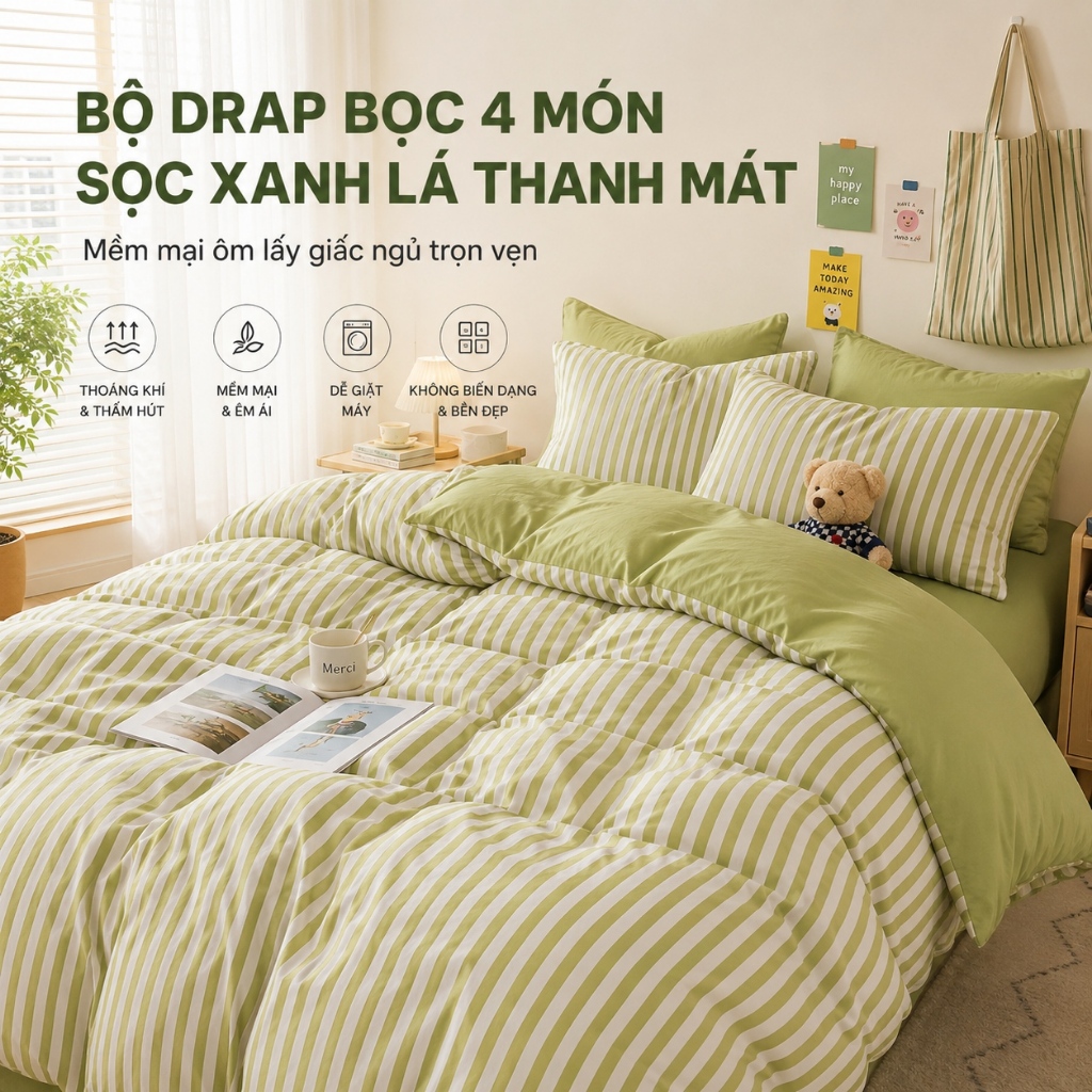 Bộ Chăn Ga Gối 4 Món Sọc Xanh Lá Mát Mẻ, Sẵn Kho, Ship Miễn Phí, Mềm Mại Thoáng Khí