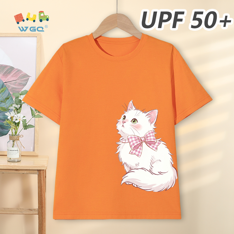 W.G.Q Áo thun bé gái，Phong cách mới mùa hè có chức năng chống nắng UPF50 +，Thoải mái mát mẻ, thấm mồ hôi thoáng khí，có in hình mèo con