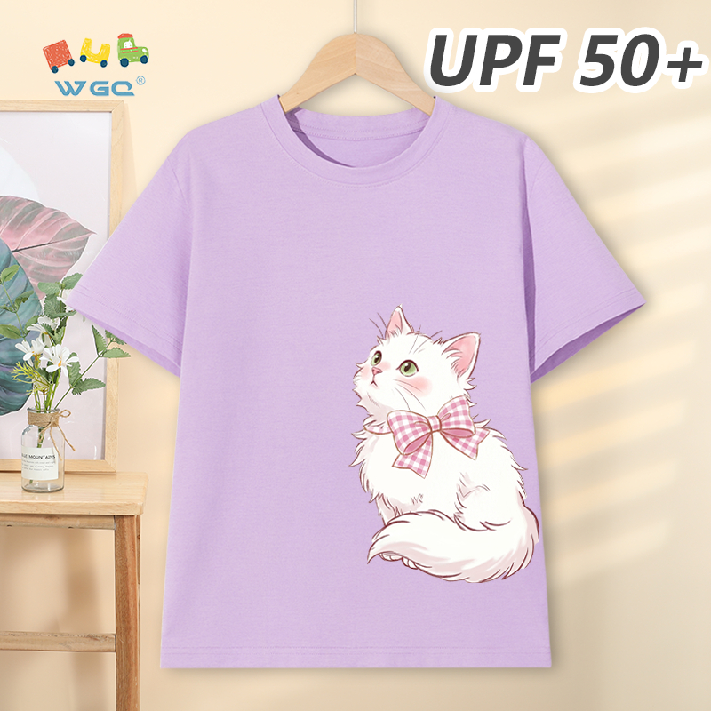 W.G.Q Áo thun bé gái，Phong cách mới mùa hè có chức năng chống nắng UPF50 +，Thoải mái mát mẻ, thấm mồ hôi thoáng khí，có in hình mèo con