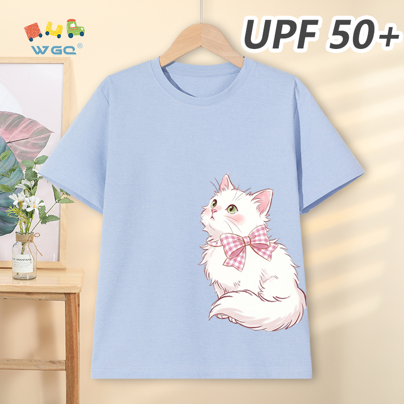 W.G.Q Áo thun bé gái，Phong cách mới mùa hè có chức năng chống nắng UPF50 +，Thoải mái mát mẻ, thấm mồ hôi thoáng khí，có in hình mèo con