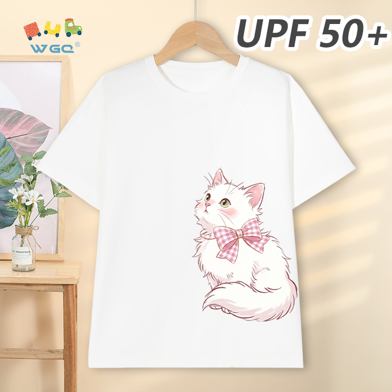 W.G.Q Áo thun bé gái，Phong cách mới mùa hè có chức năng chống nắng UPF50 +，Thoải mái mát mẻ, thấm mồ hôi thoáng khí，có in hình mèo con