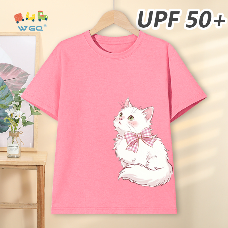 W.G.Q Áo thun bé gái，Phong cách mới mùa hè có chức năng chống nắng UPF50 +，Thoải mái mát mẻ, thấm mồ hôi thoáng khí，có in hình mèo con