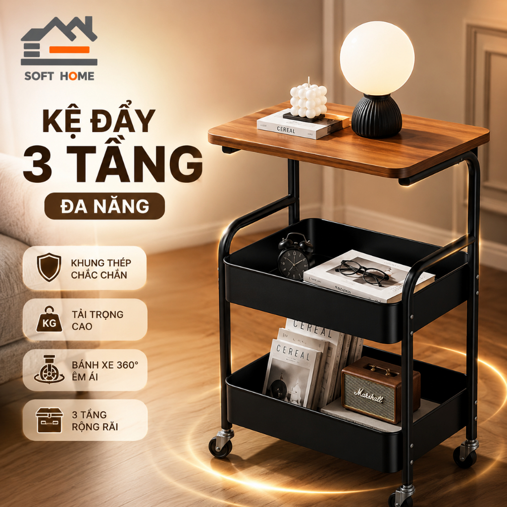 Kệ để đồ 3 tầng, kệ để bên sofa, kệ spa mặt gỗ có Bánh Xe Xoay 360 Độ, sử dụng cho phòng khách