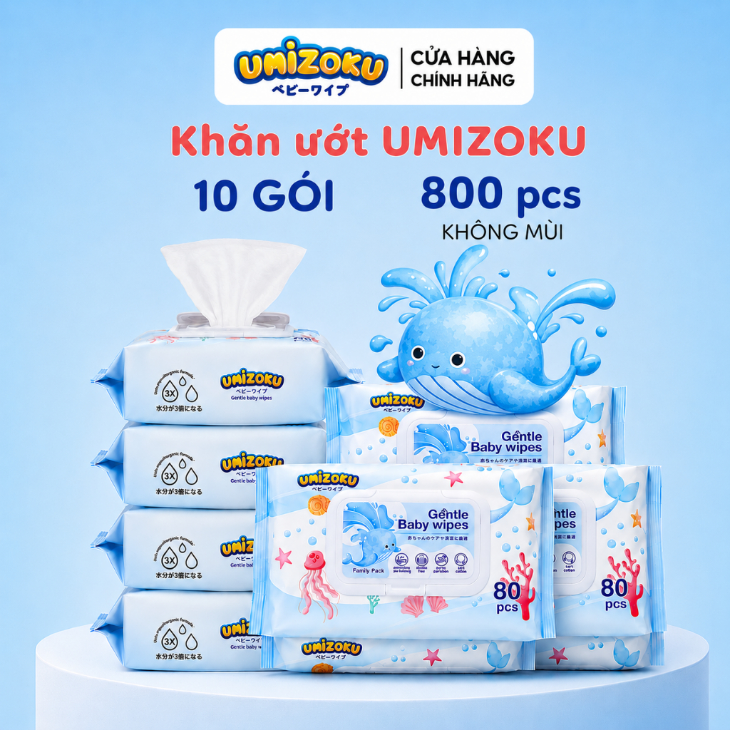 Thùng 10 gói khăn ướt UMIZOKU không cồn không parabens cao cấp dành cho em bé