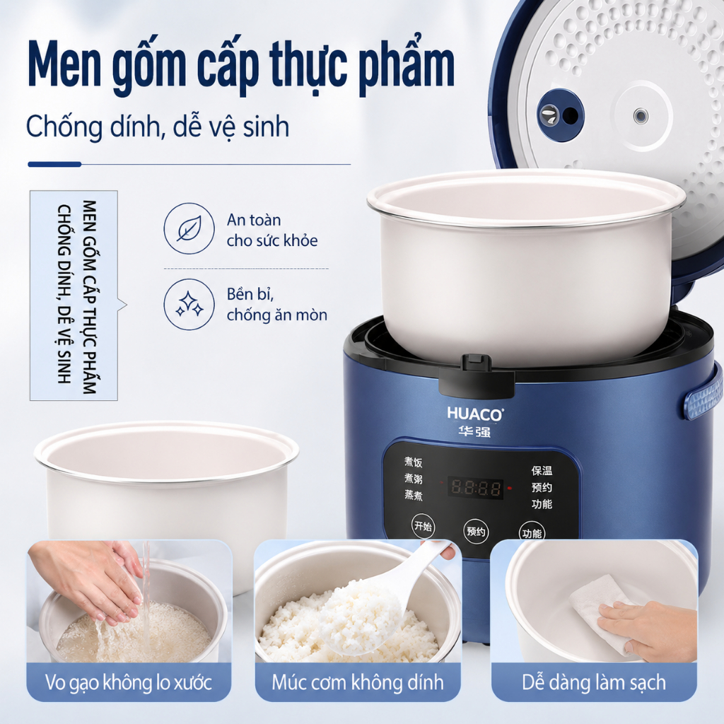 Nồi cơm điện Huaco HQ40-B, Dung tích 4L (nấu cơm 1.6L),700W, Lớp lót chống dính nhiều lớp, Cách nhiệt dày