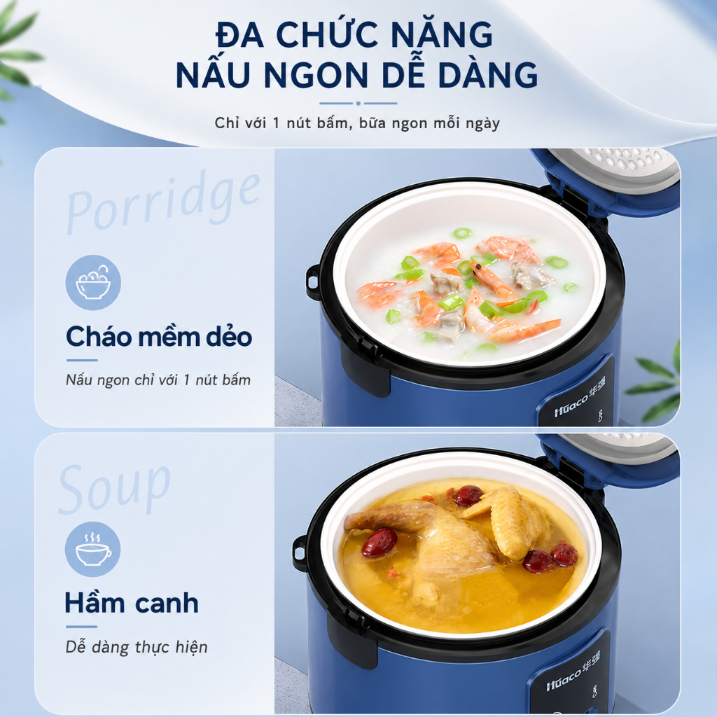 Nồi cơm điện Huaco HQ40-B, Dung tích 4L (nấu cơm 1.6L),700W, Lớp lót chống dính nhiều lớp, Cách nhiệt dày