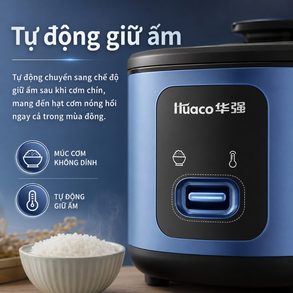 Nồi cơm điện Huaco HQ40-B, Dung tích 4L (nấu cơm 1.6L),700W, Lớp lót chống dính nhiều lớp, Cách nhiệt dày