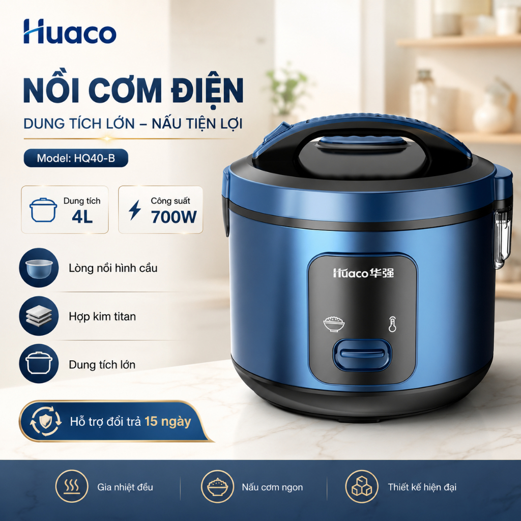 Nồi cơm điện Huaco HQ40-B, Dung tích 4L (nấu cơm 1.6L),700W, Lớp lót chống dính nhiều lớp, Cách nhiệt dày