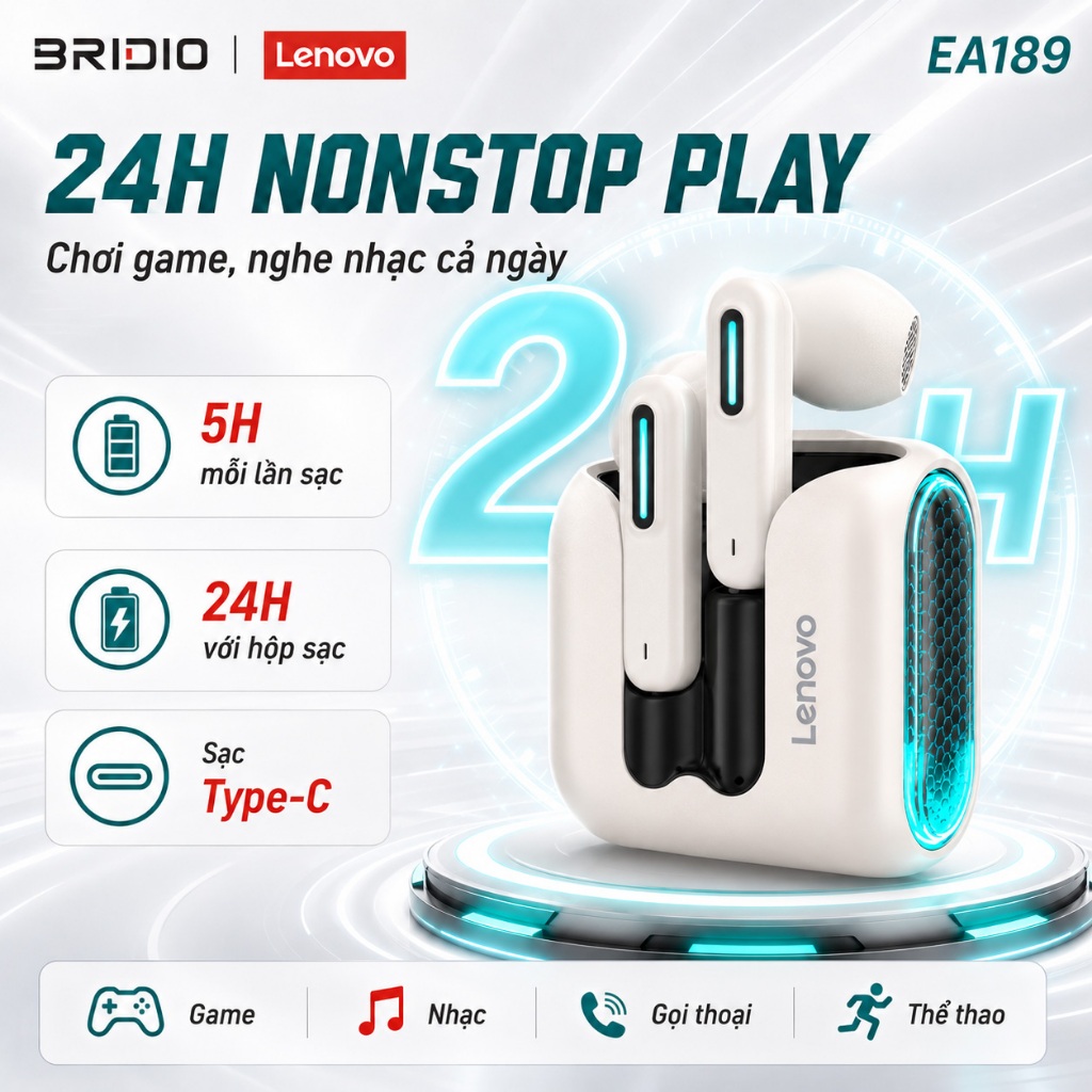 Tai nghe Lenovo EA189 Bluetooth 6.0 TWS Gaming Độ Trễ Thấp Siêu Bass Chống Ồn ENC Pin Trâu Mic HD