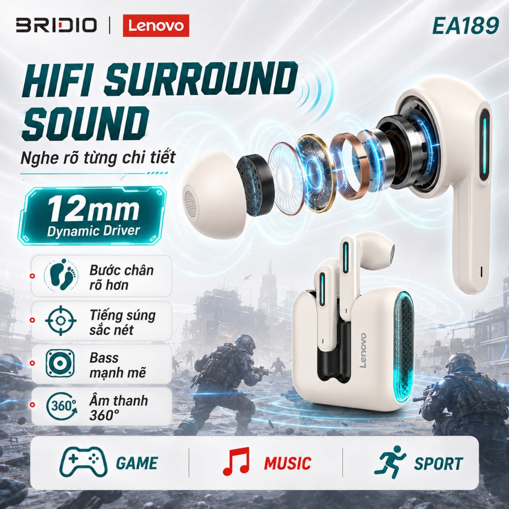 Tai nghe Lenovo EA189 Bluetooth 6.0 TWS Gaming Độ Trễ Thấp Siêu Bass Chống Ồn ENC Pin Trâu Mic HD
