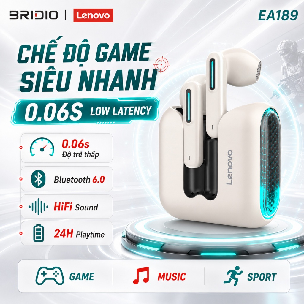 Tai nghe Lenovo EA189 Bluetooth 6.0 TWS Gaming Độ Trễ Thấp Siêu Bass Chống Ồn ENC Pin Trâu Mic HD